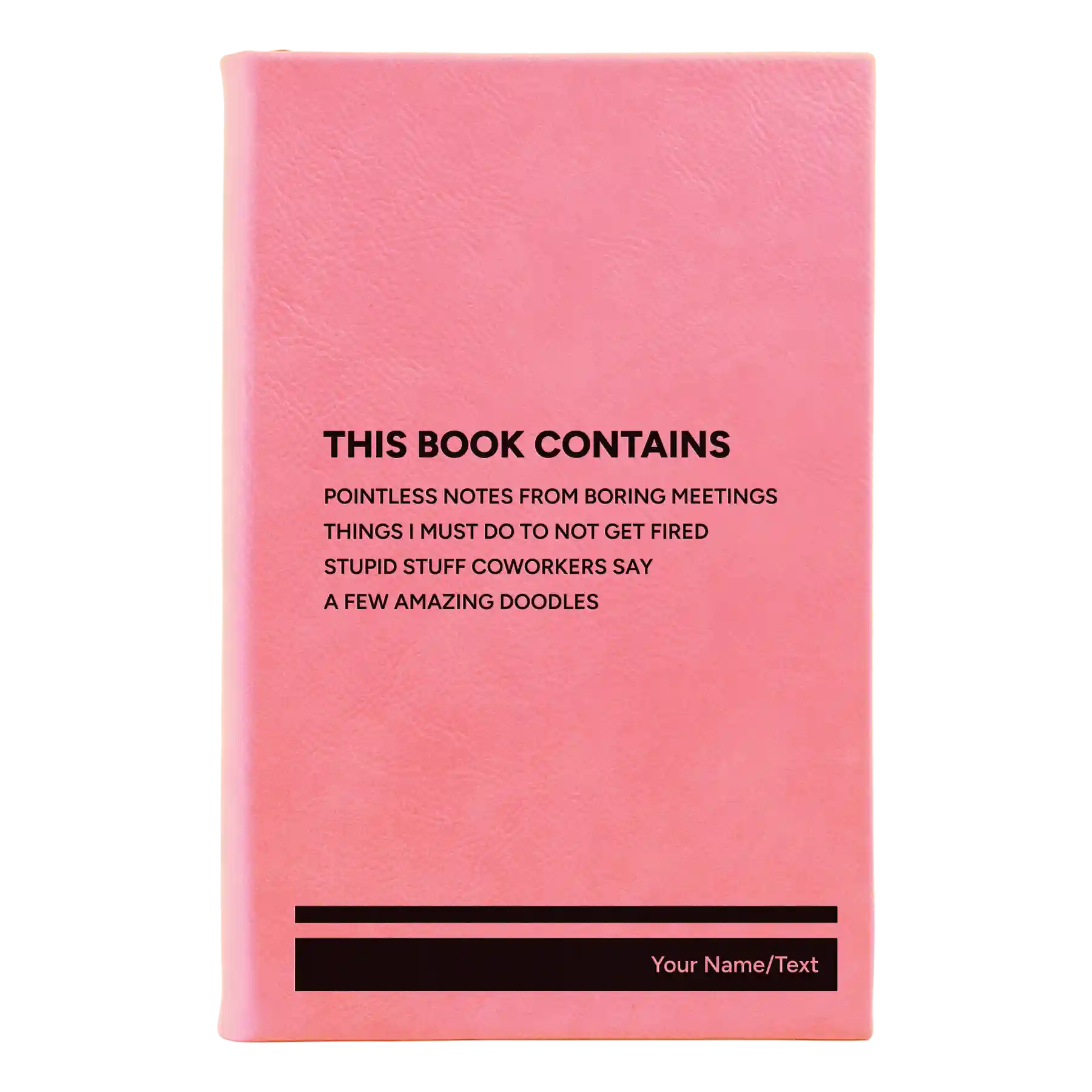 Small pink leatherette sketch book laser etched with 'This Book Contains' design