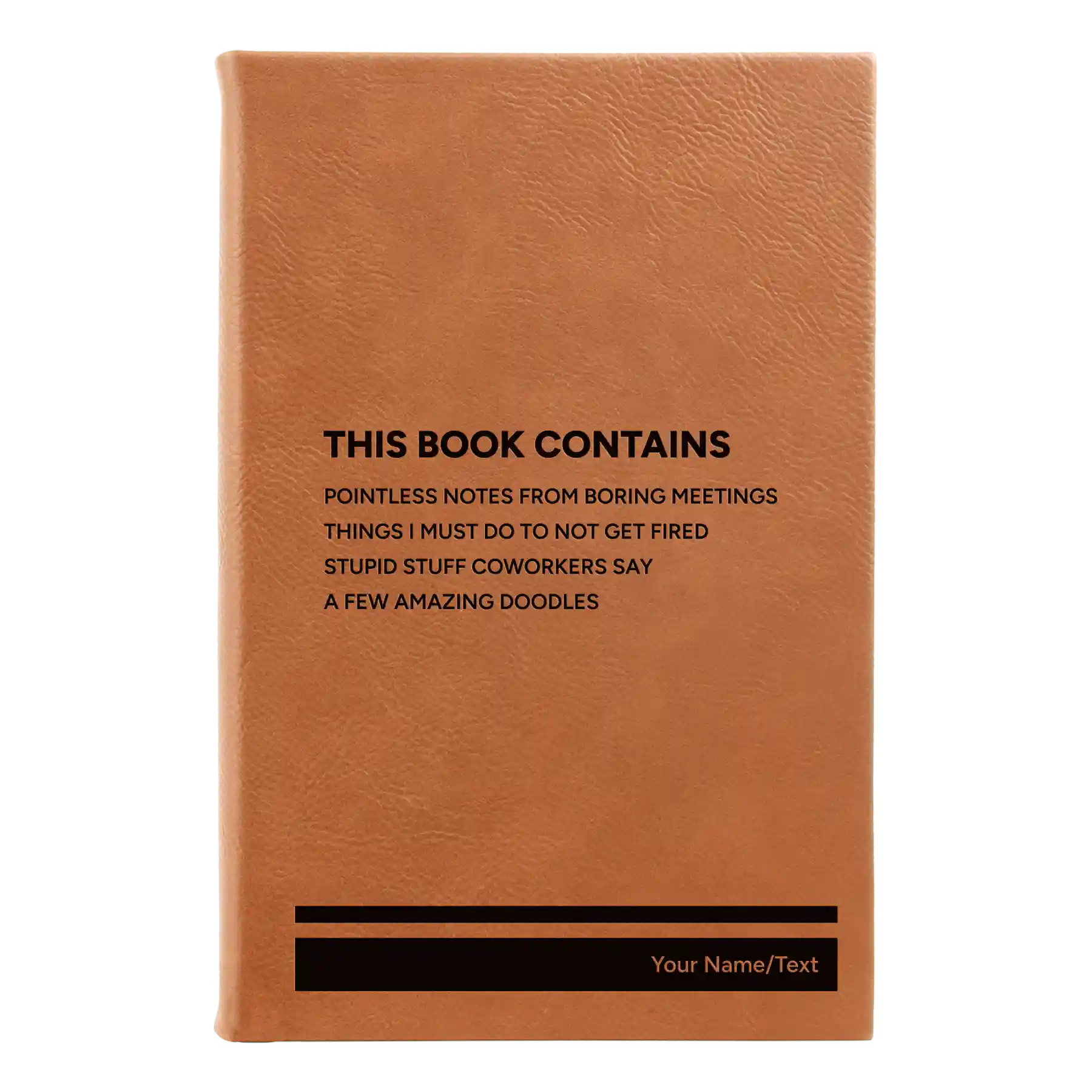 Small rawhide leatherette journal laser etched with 'This Book Contains' design