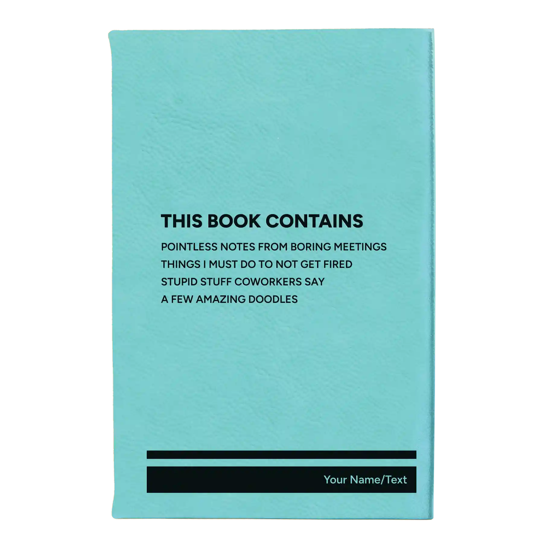 Small teal leatherette sketch book laser etched with 'This Book Contains' design