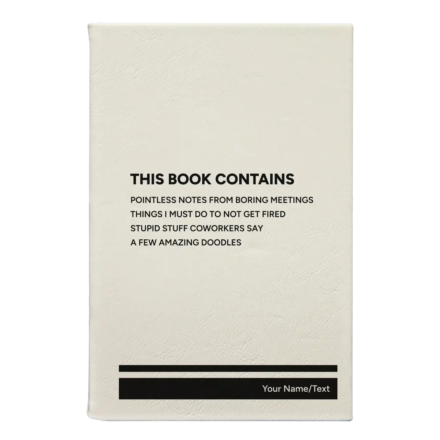 Small white leatherette journal laser etched with 'This Book Contains' design