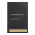 Small black/gold leatherette sketch book laser etched with 'This Book Contains' design