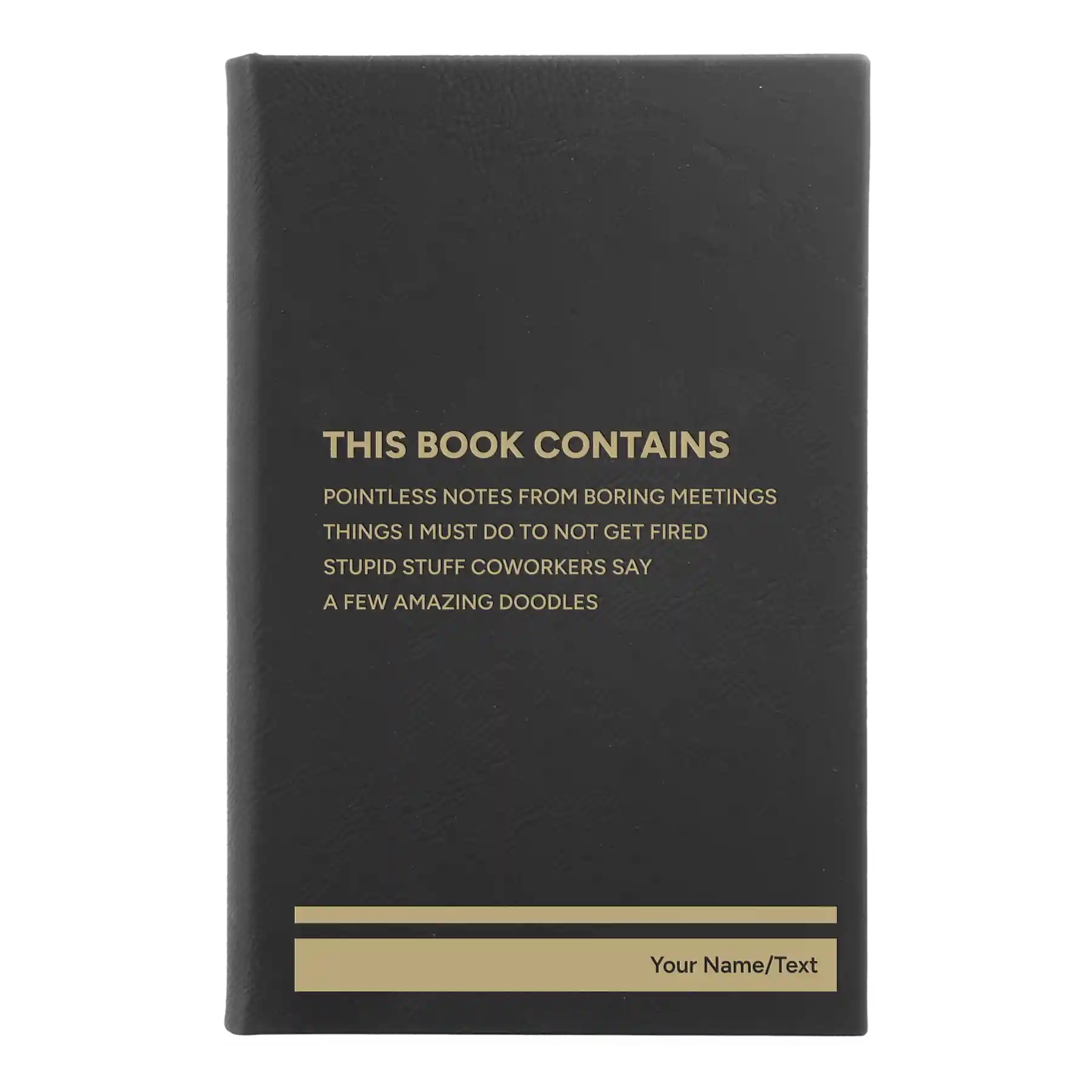 Small black/gold leatherette sketch book laser etched with 'This Book Contains' design
