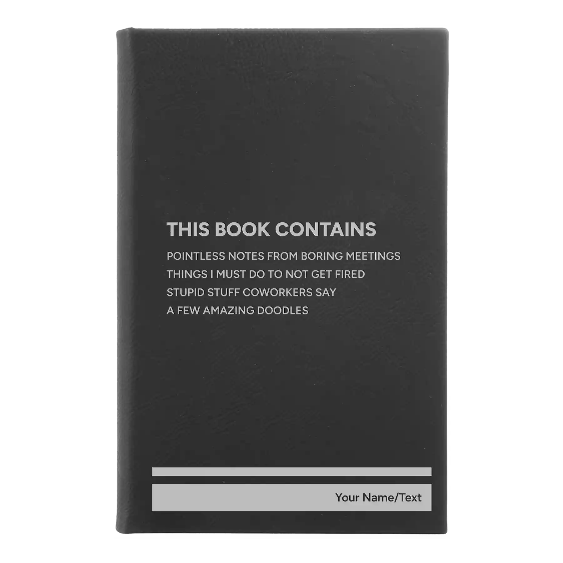 Small black/silver leatherette sketch book laser etched with 'This Book Contains' design