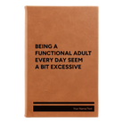 Small rawhide leatherette sketch book laser etched with 'Functional Adult' design