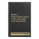 Small black/gold leatherette journal laser etched with 'Functional Adult' design