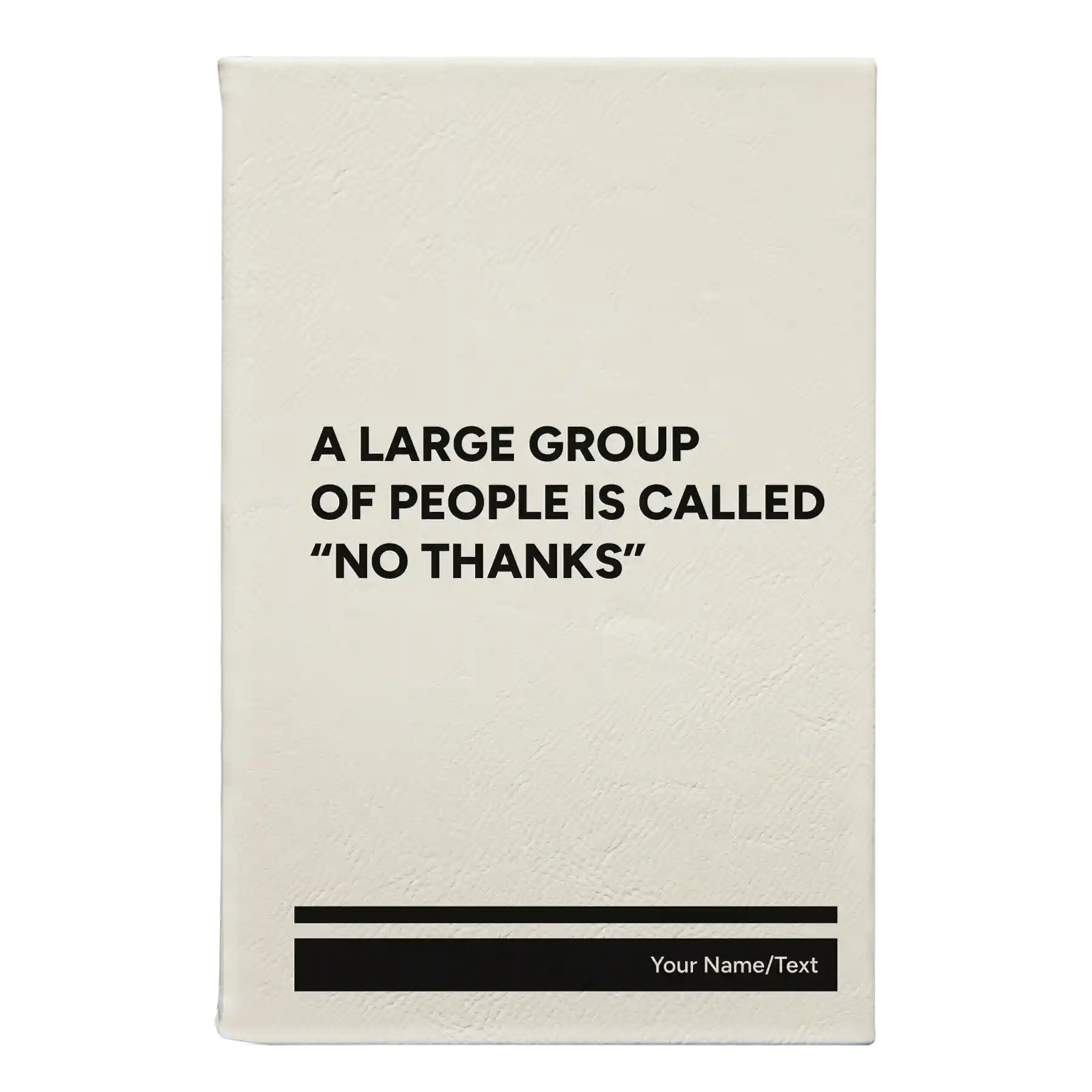 Small white leatherette sketch book laser etched with 'No Thanks' design