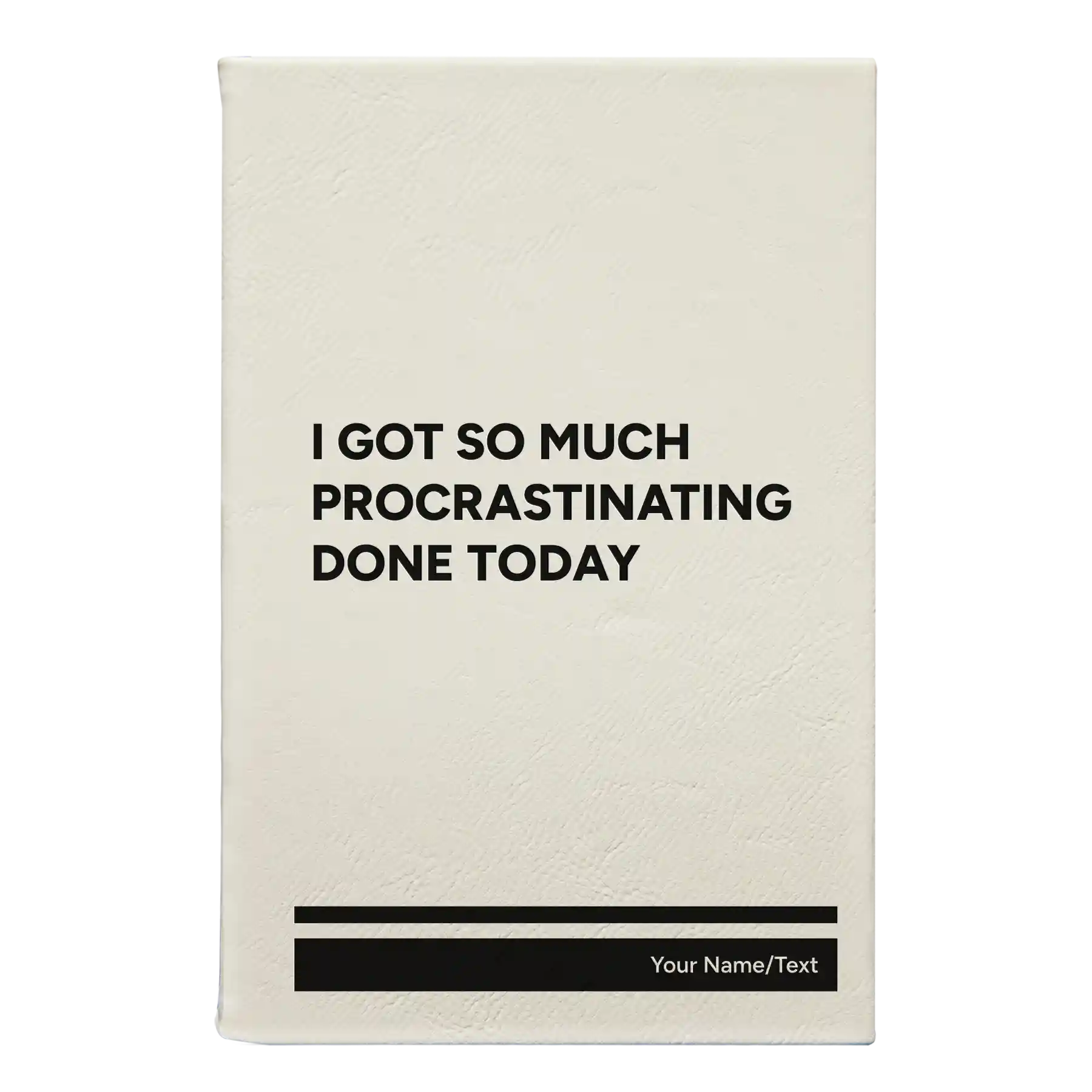 Small white leatherette sketch book laser etched with 'Procrastinating' design