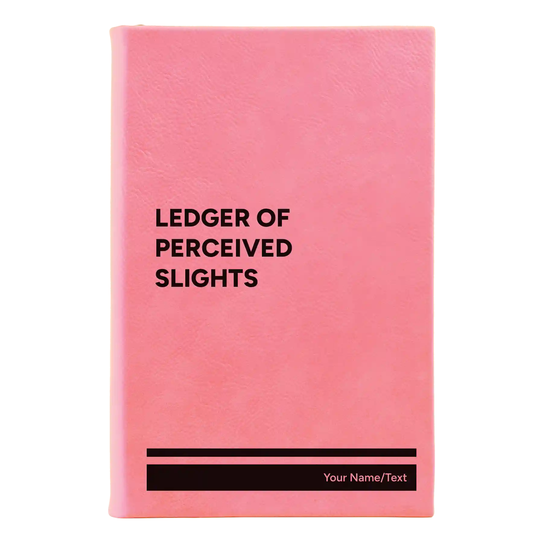 Small pink leatherette journal laser etched with 'Perceived Slights' design