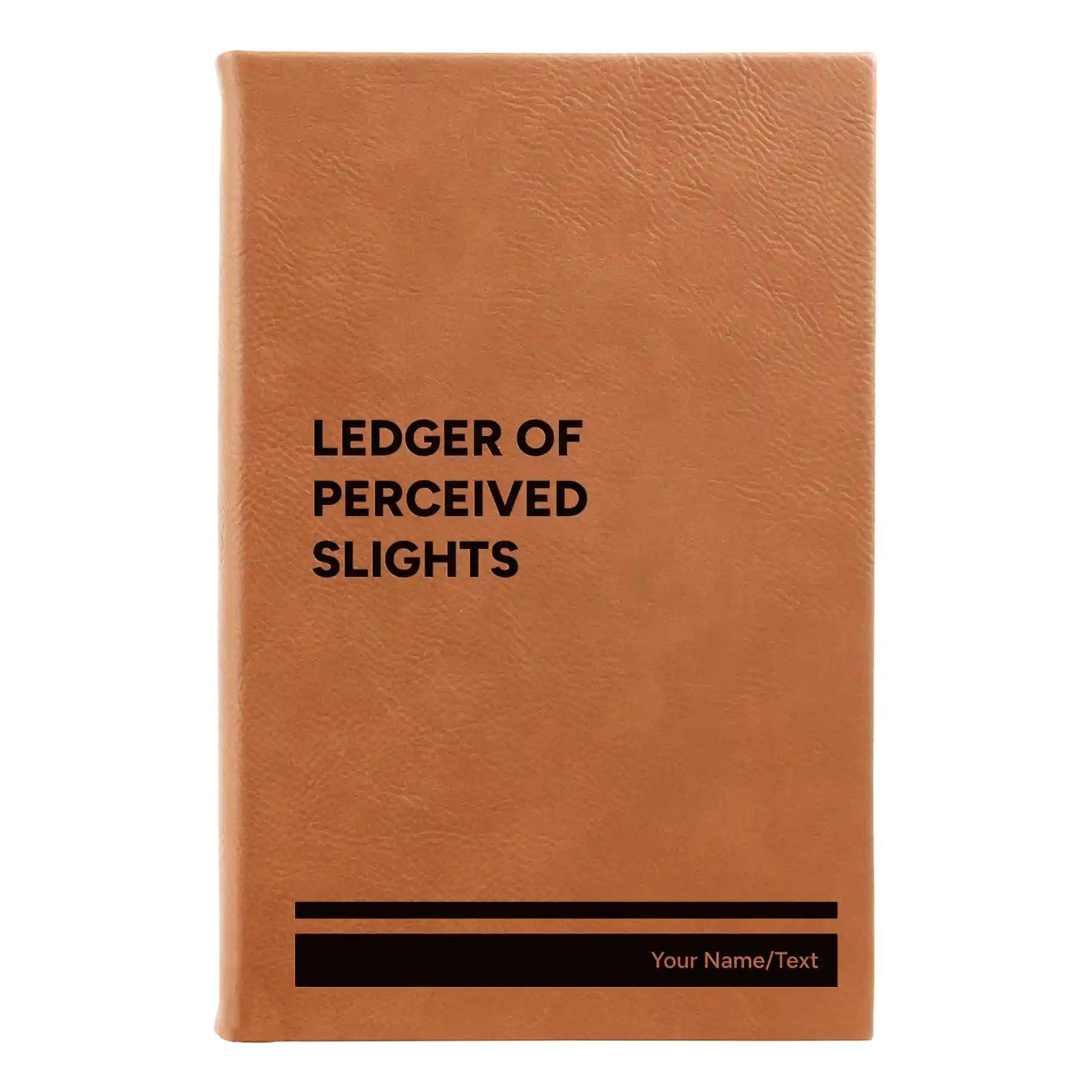 Small rawhide leatherette journal laser etched with 'Perceived Slights' design
