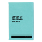 Small teal leatherette sketch book laser etched with 'Perceived Slights' design