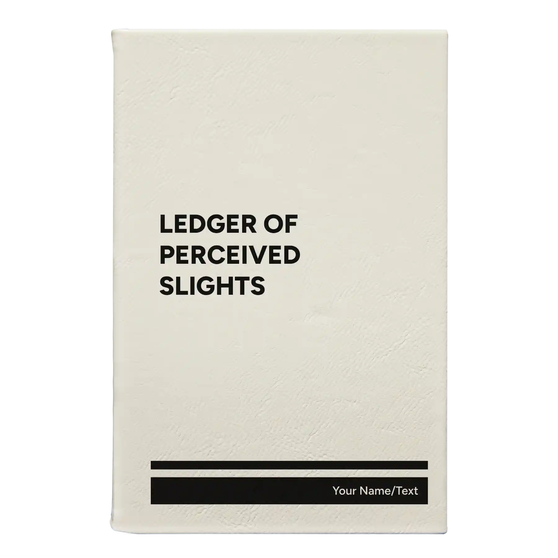 Small white leatherette journal laser etched with 'Perceived Slights' design