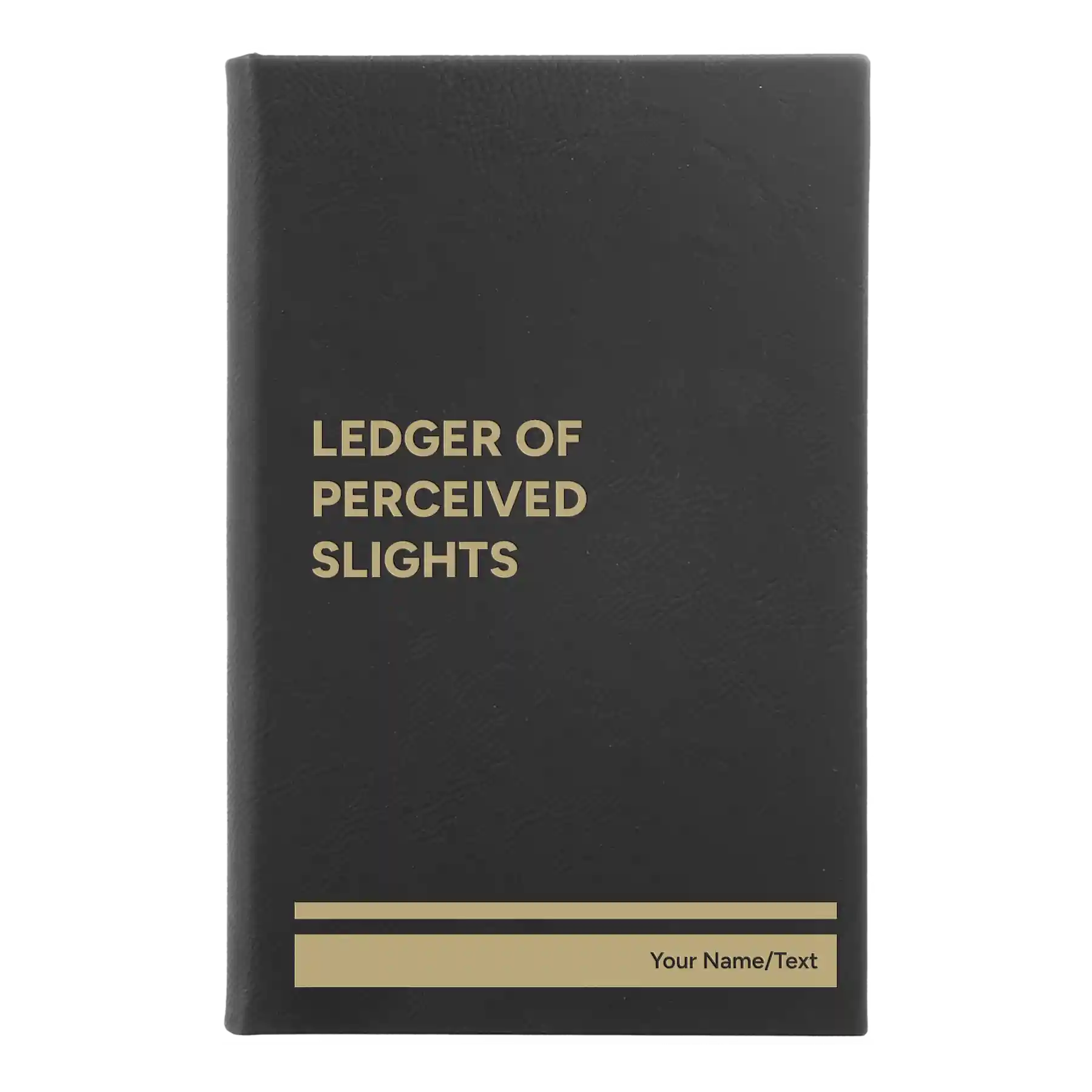 Small black/gold leatherette journal laser etched with 'Perceived Slights' design