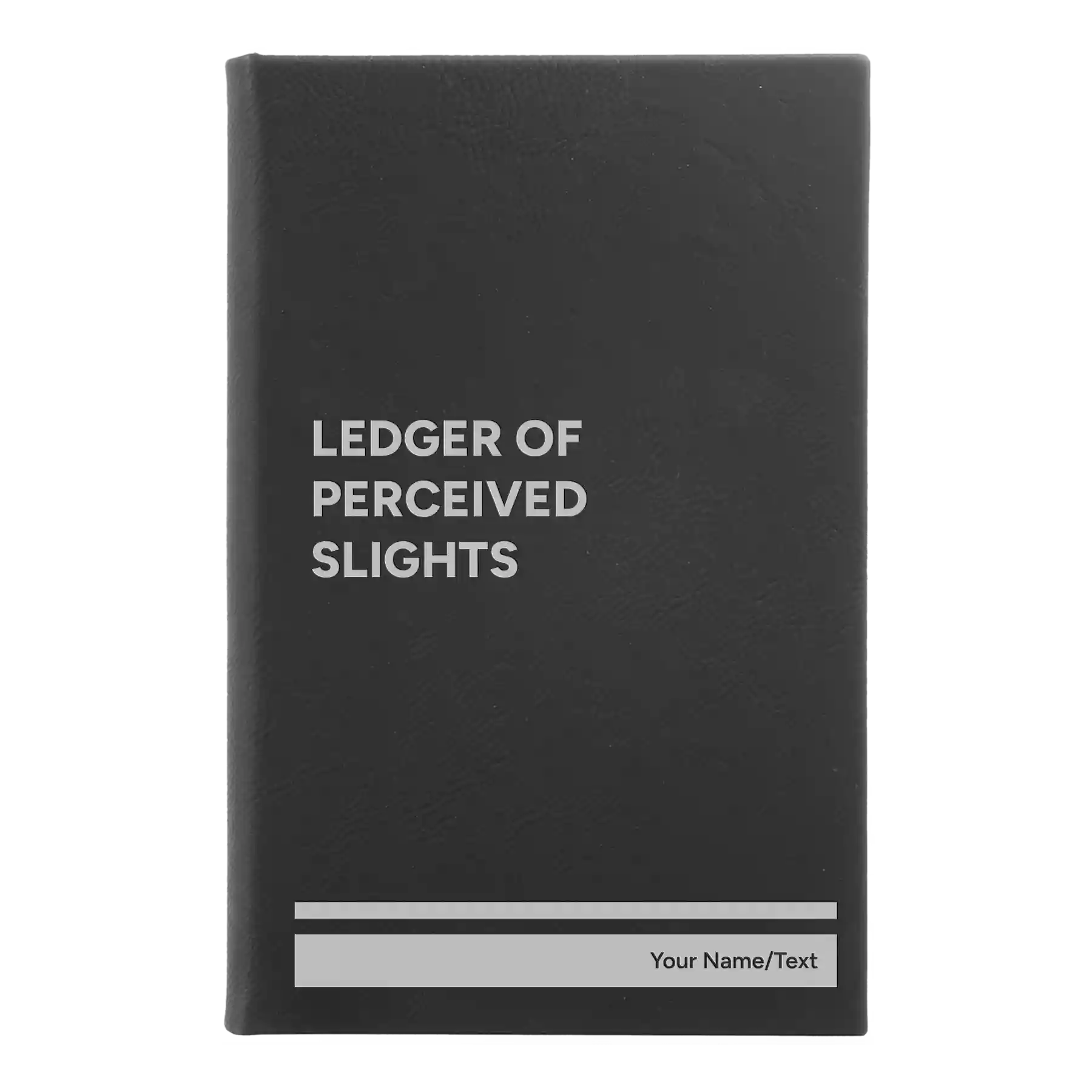 Small black/silver leatherette journal laser etched with 'Perceived Slights' design