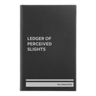 Small black/silver leatherette sketch book laser etched with 'Perceived Slights' design