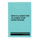 Small teal leatherette sketch book laser etched with 'Lower Your Expectations' design
