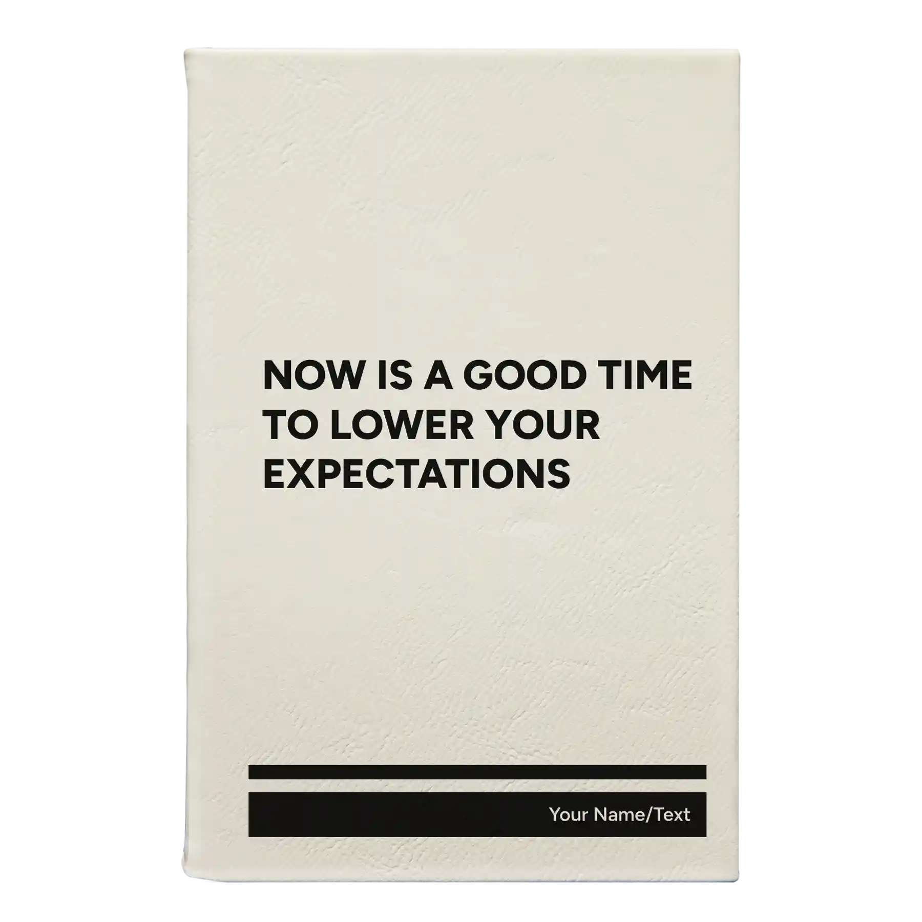 Small white leatherette sketch book laser etched with 'Lower Your Expectations' design