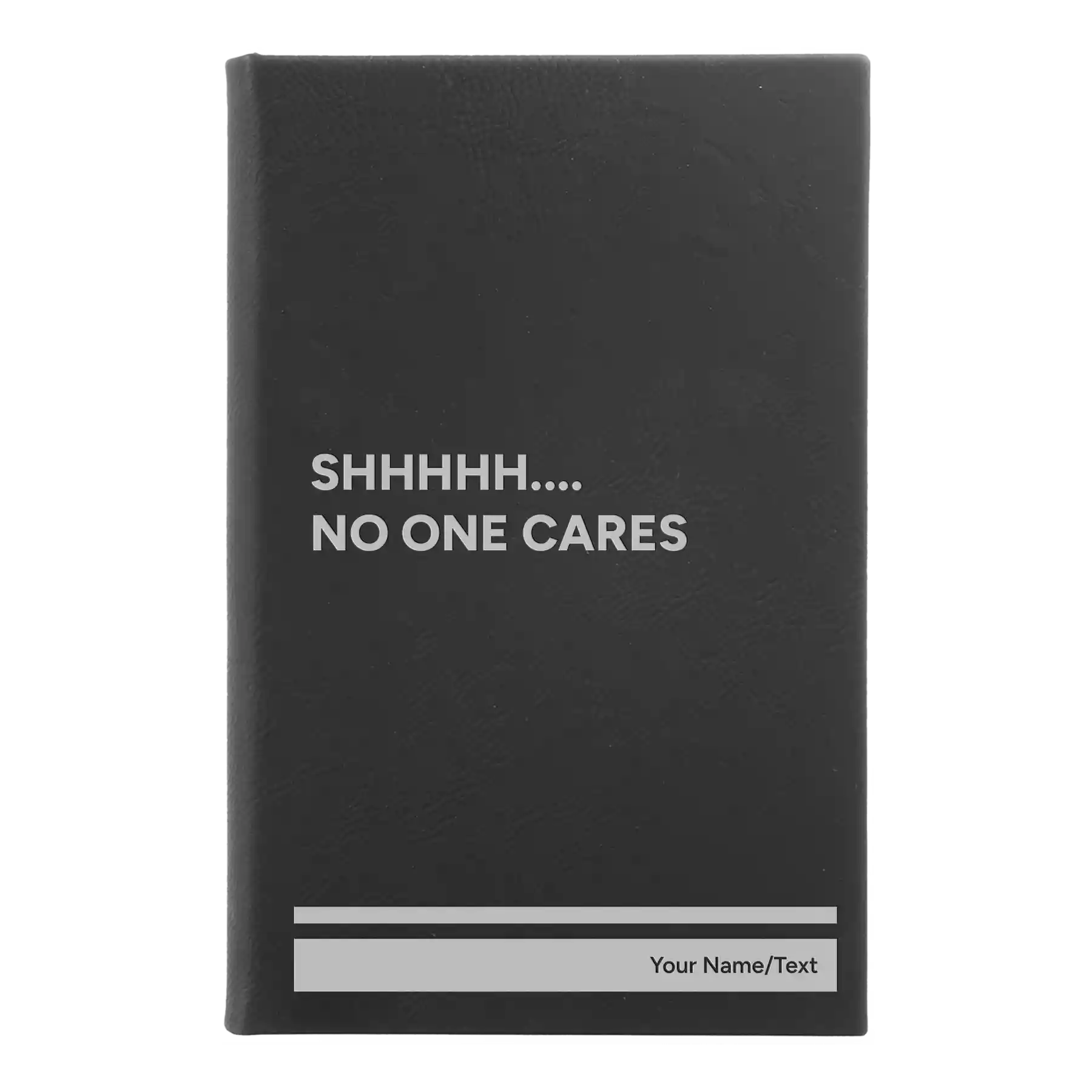 Small black/silver leatherette sketch book laser etched with 'Shhhh' design
