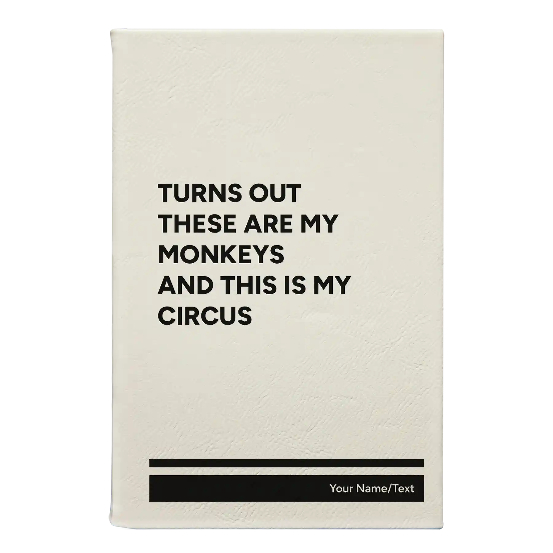 Small white leatherette journal laser etched with 'My Circus' design