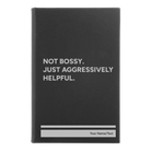 Small black/silver leatherette sketch book laser etched with 'Not Bossy Just Aggressively Helpful' design