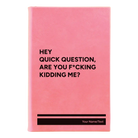 Small pink leatherette journal laser etched with 'Quick Question' design