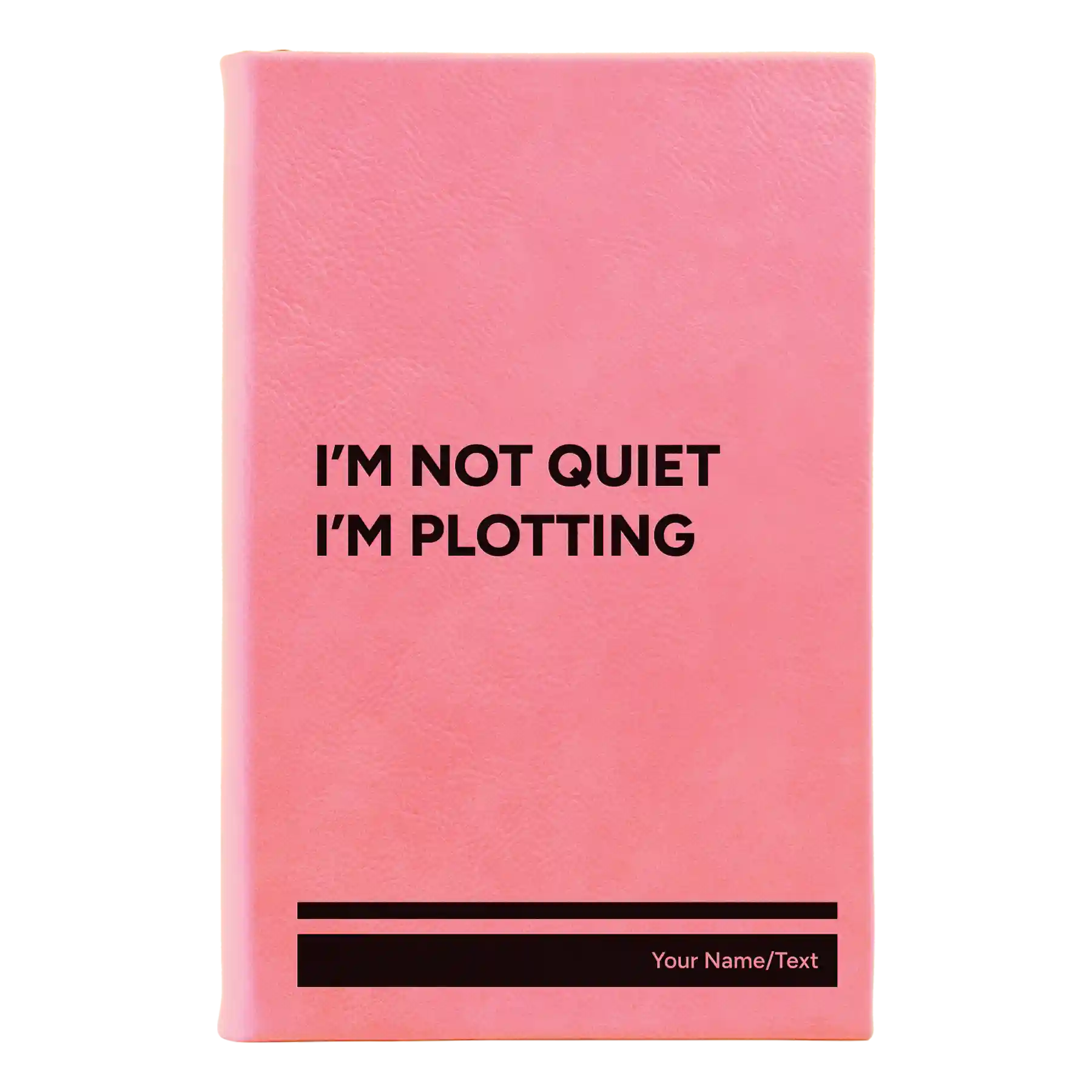 Small pink leatherette journal laser etched with 'Not Quiet' design