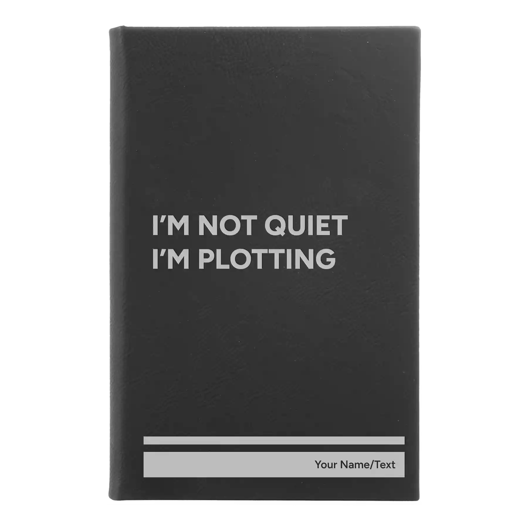Small black/silver leatherette sketch book laser etched with 'Not Quiet' design