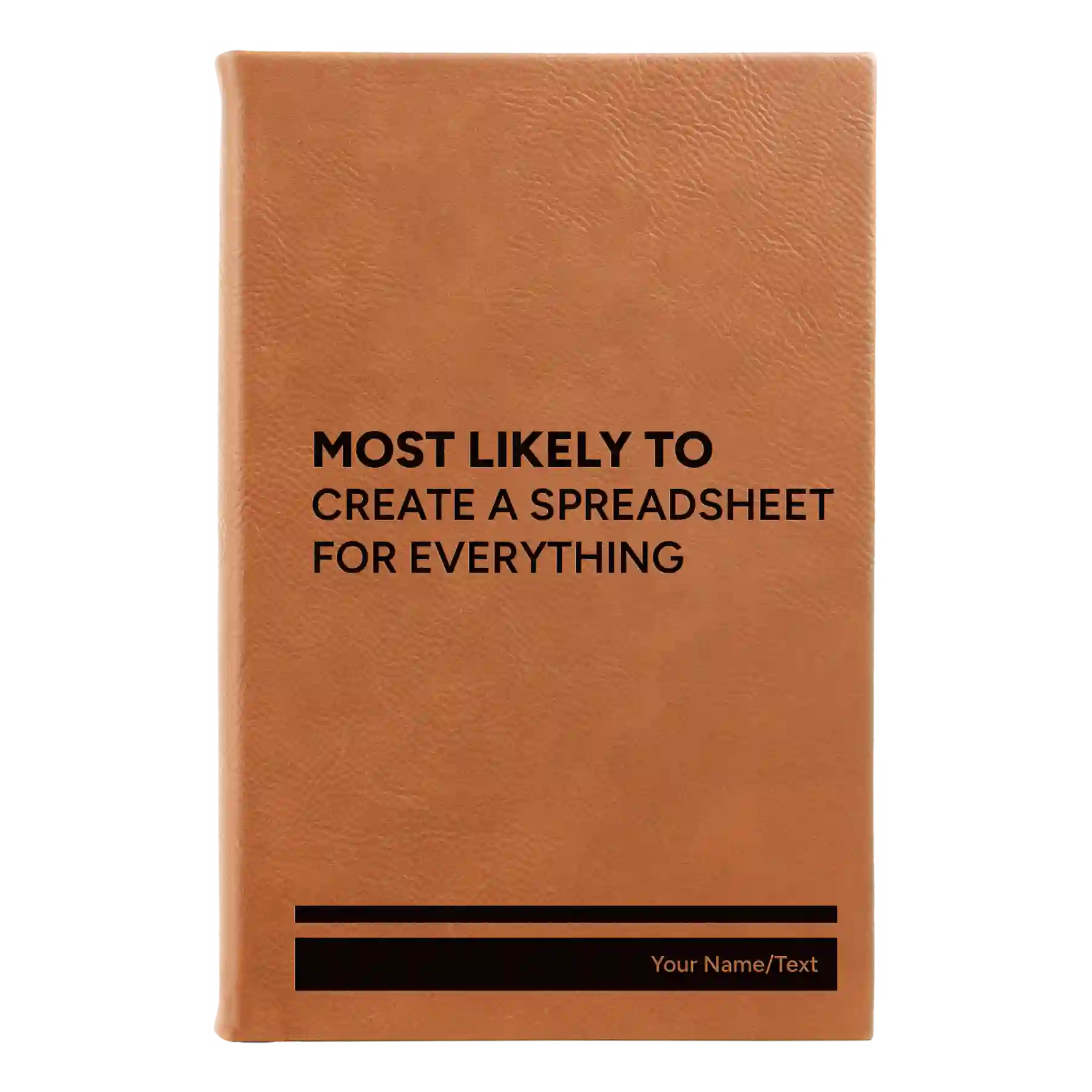 Small rawhide leatherette sketch book laser etched with 'Create a Spreadsheet' design