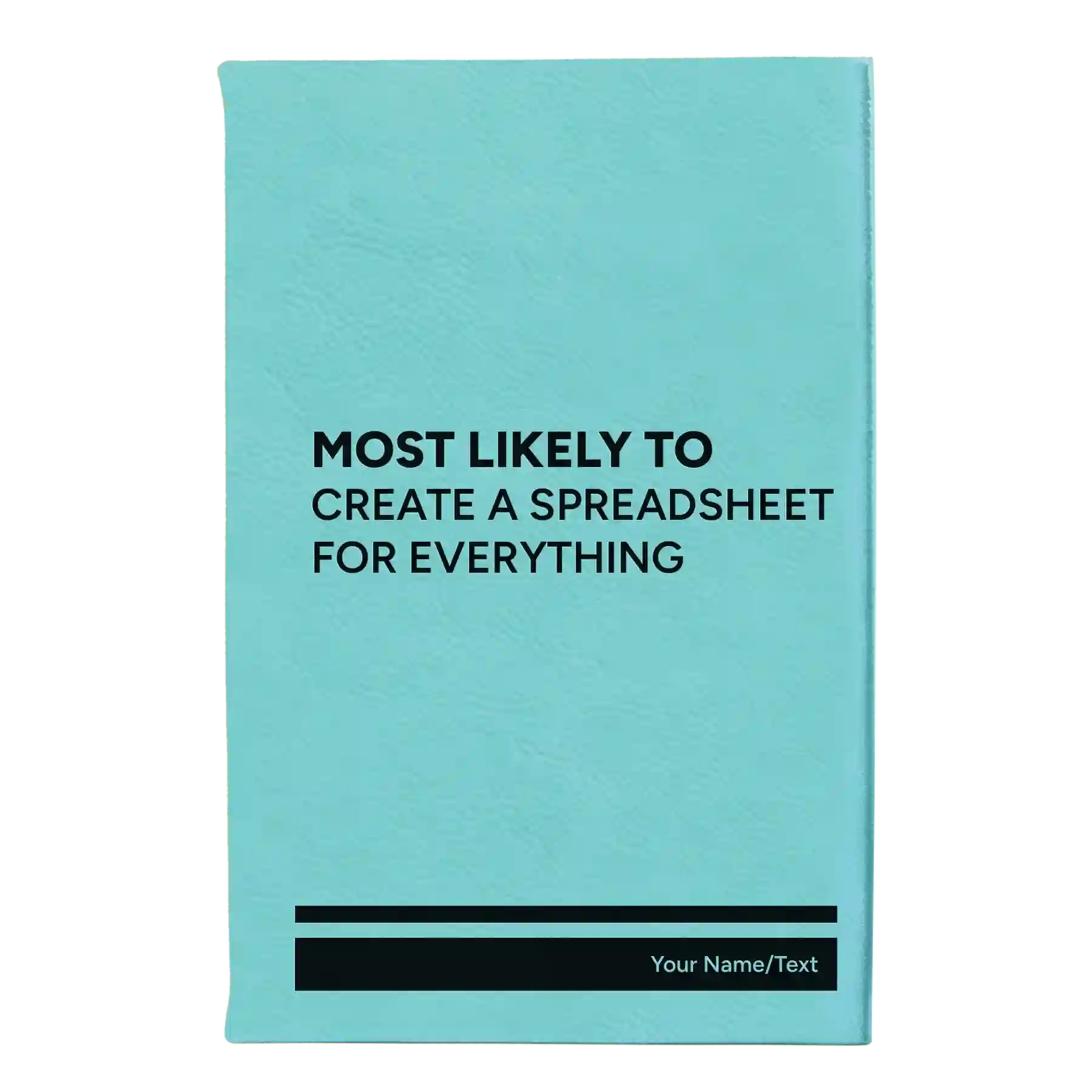 Small teal leatherette sketch book laser etched with 'Create a Spreadsheet' design