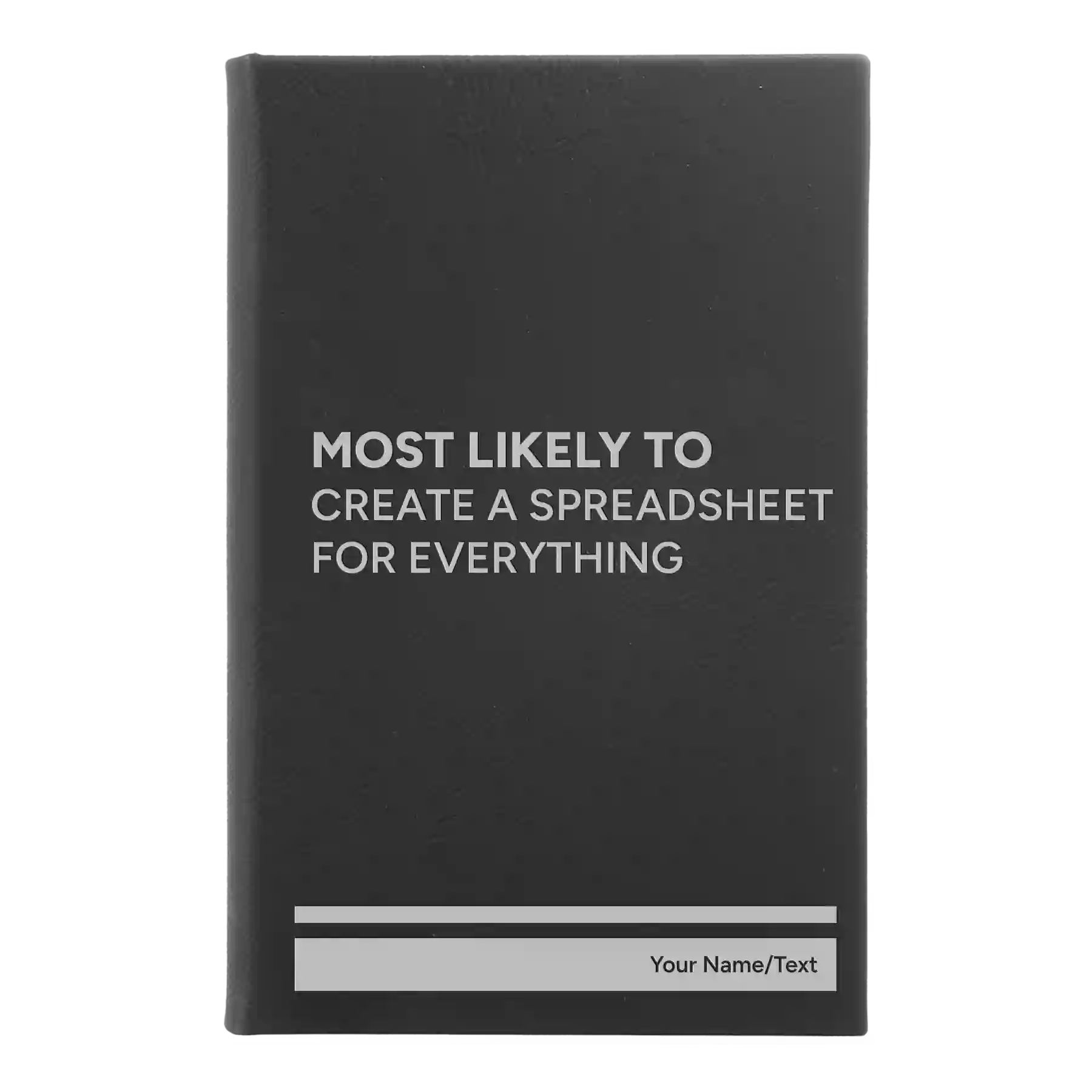 Small black/silver leatherette sketch book laser etched with 'Create a Spreadsheet' design