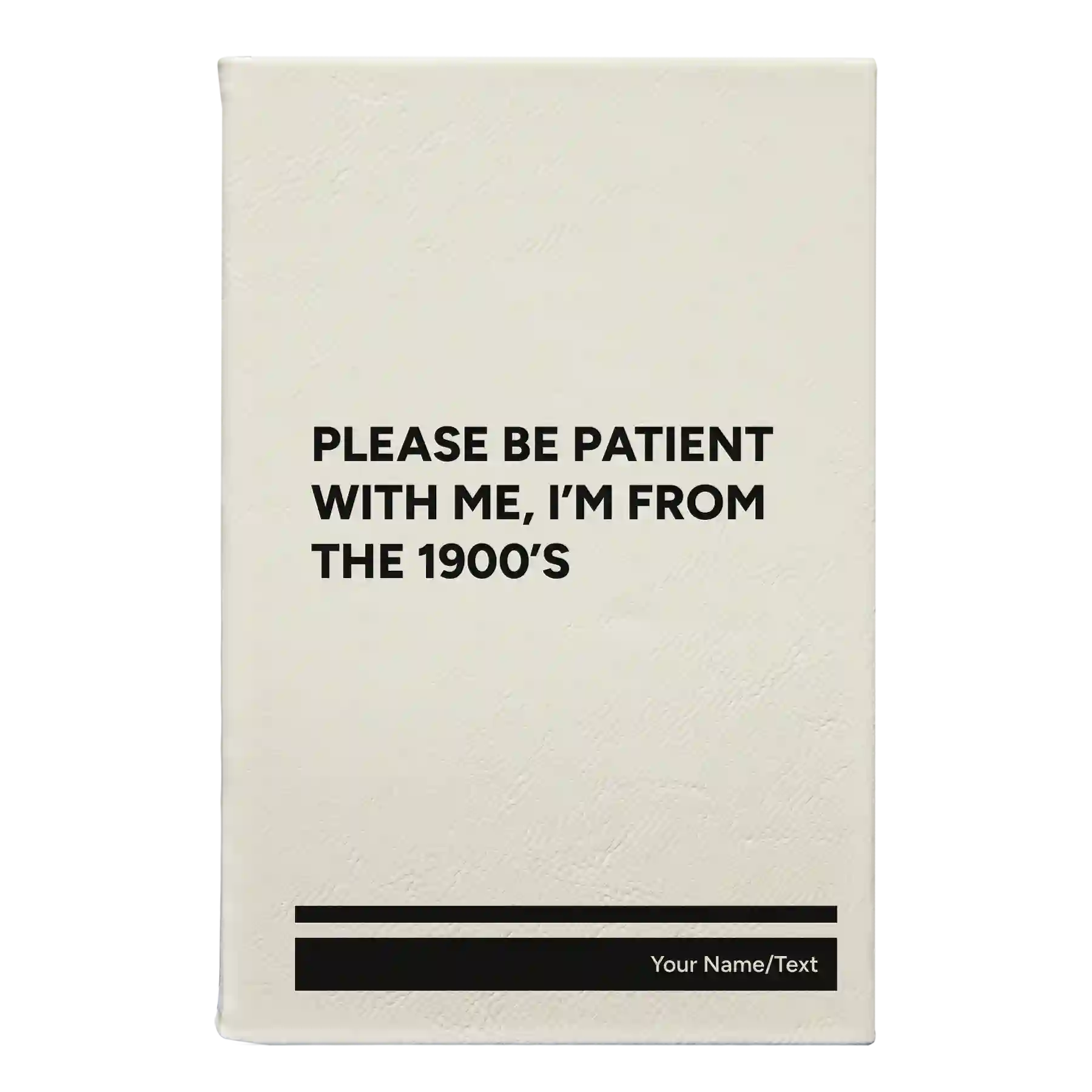Small white leatherette journal laser etched with 'Please Be Patient' design