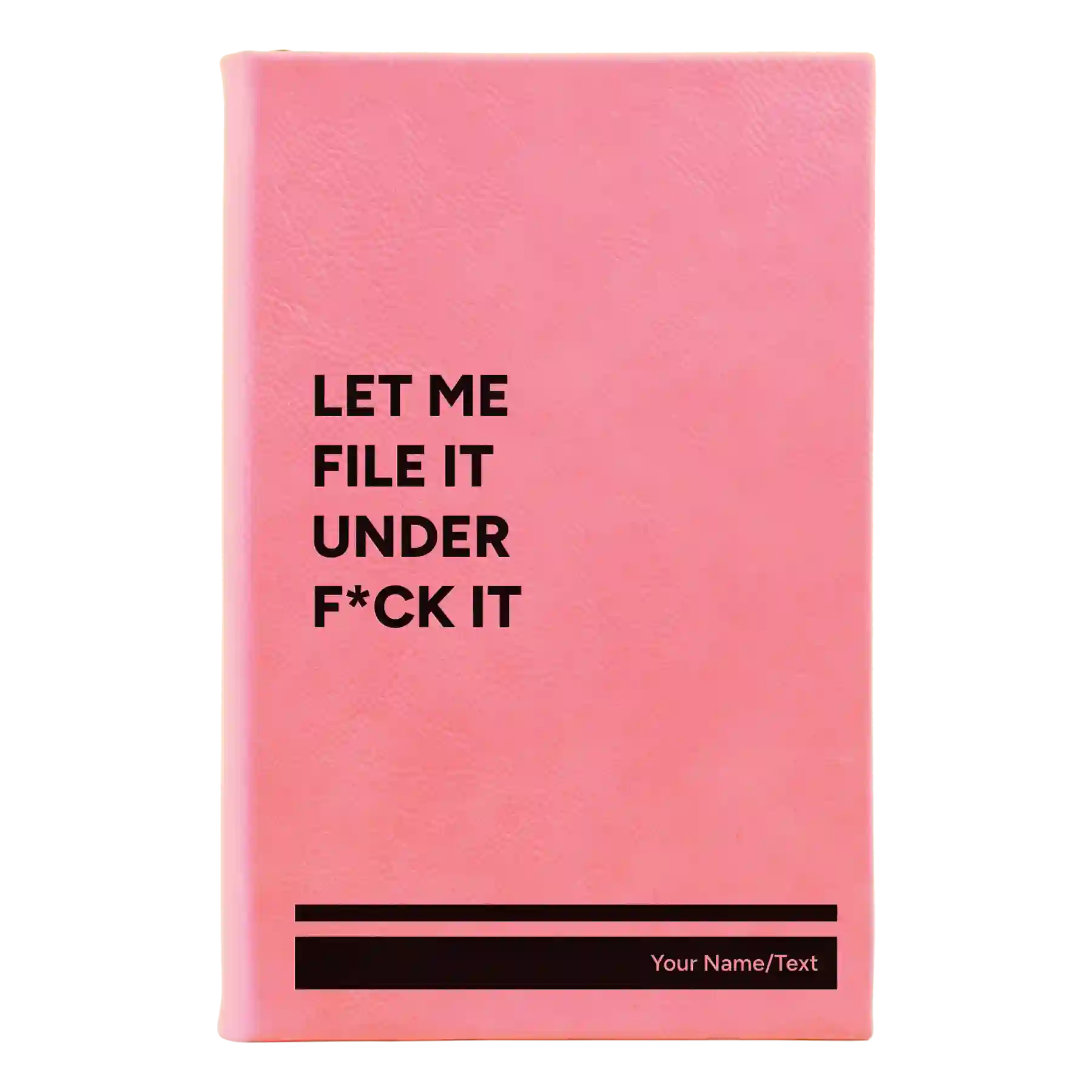 Small pink leatherette journal laser etched with 'File it Under' design