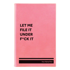 Small pink leatherette sketch book laser etched with 'File it Under' design