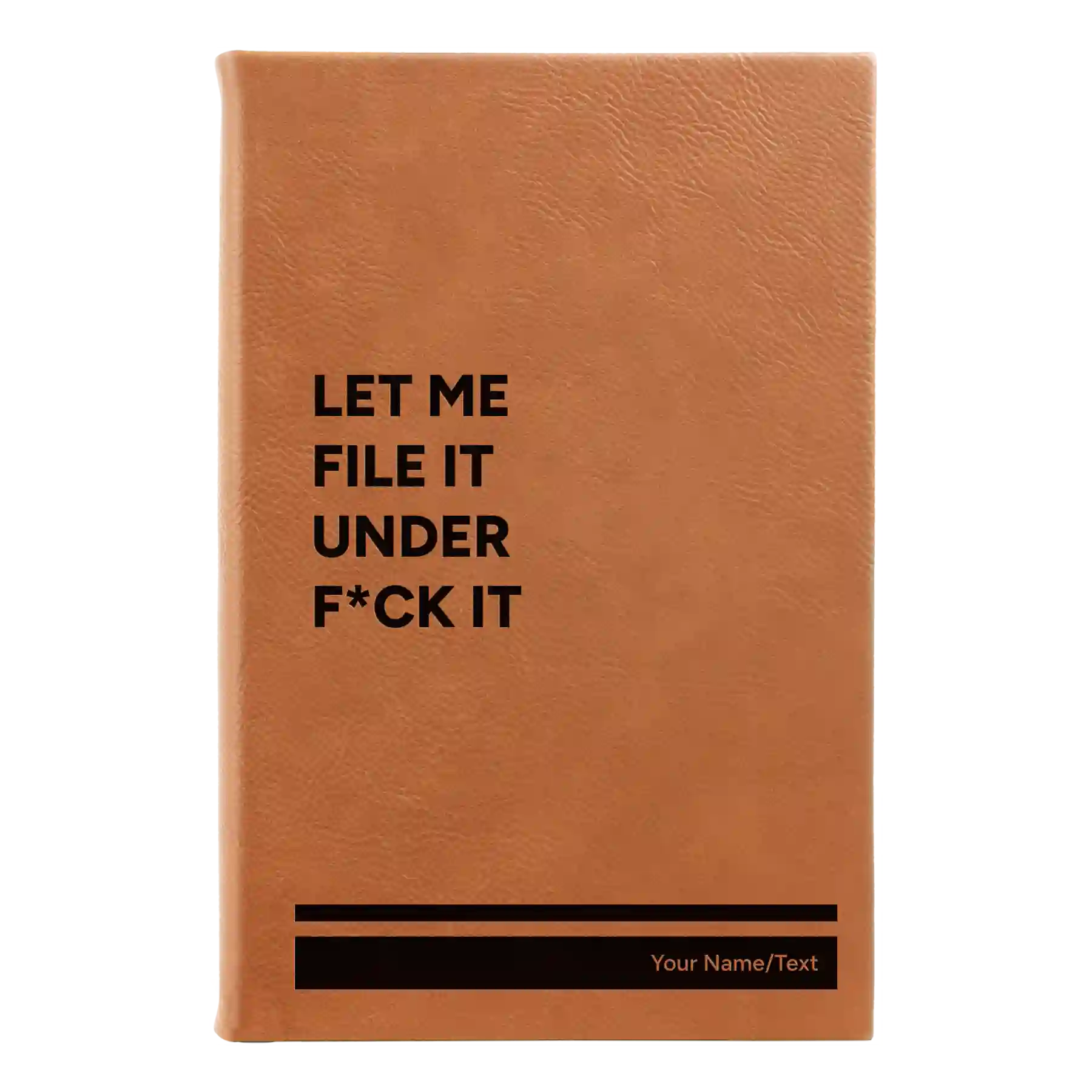 Small rawhide leatherette journal laser etched with 'File it Under' design