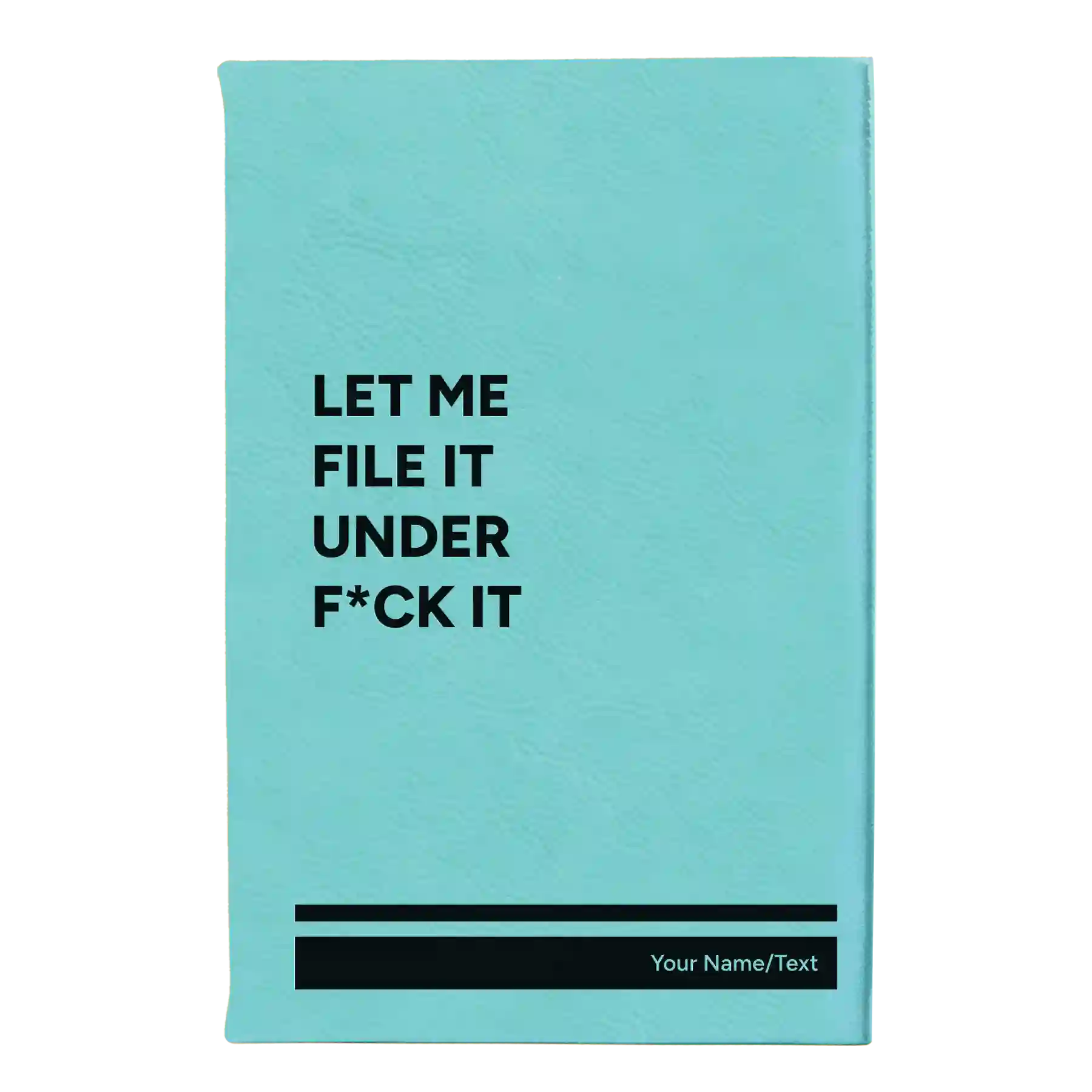 Small teal leatherette journal laser etched with 'File it Under' design