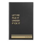 Small black/gold leatherette sketch book laser etched with 'File it Under' design