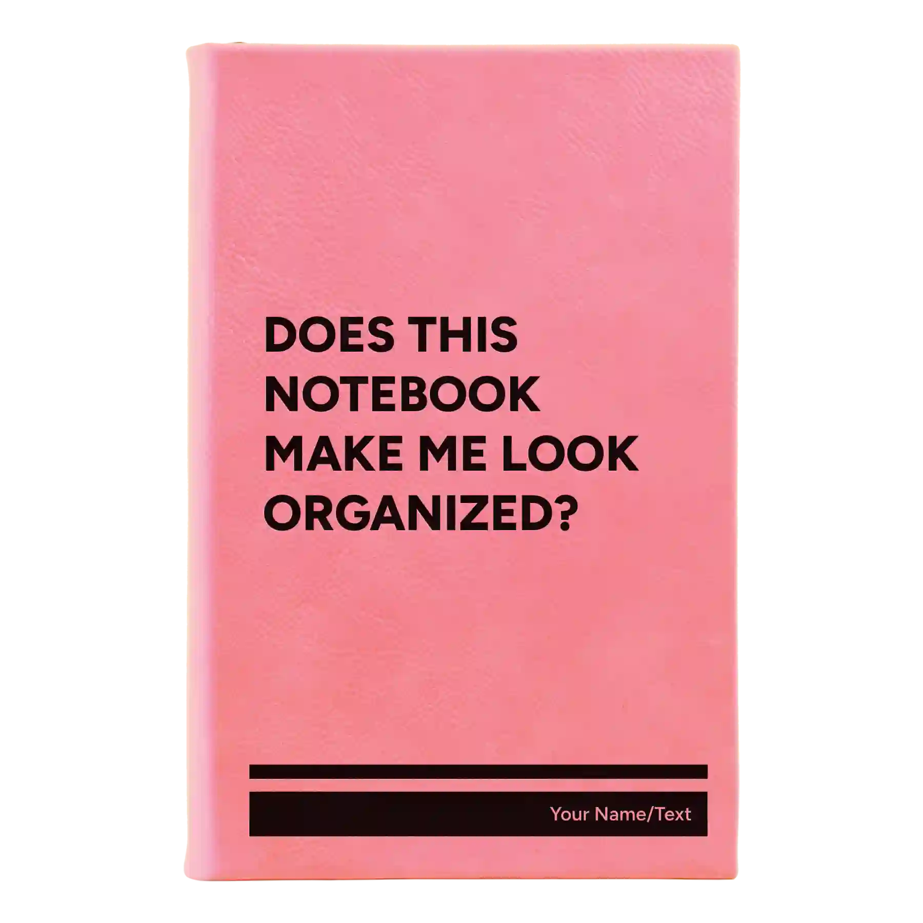 Small pink leatherette sketch book laser etched with 'Look Organized' design
