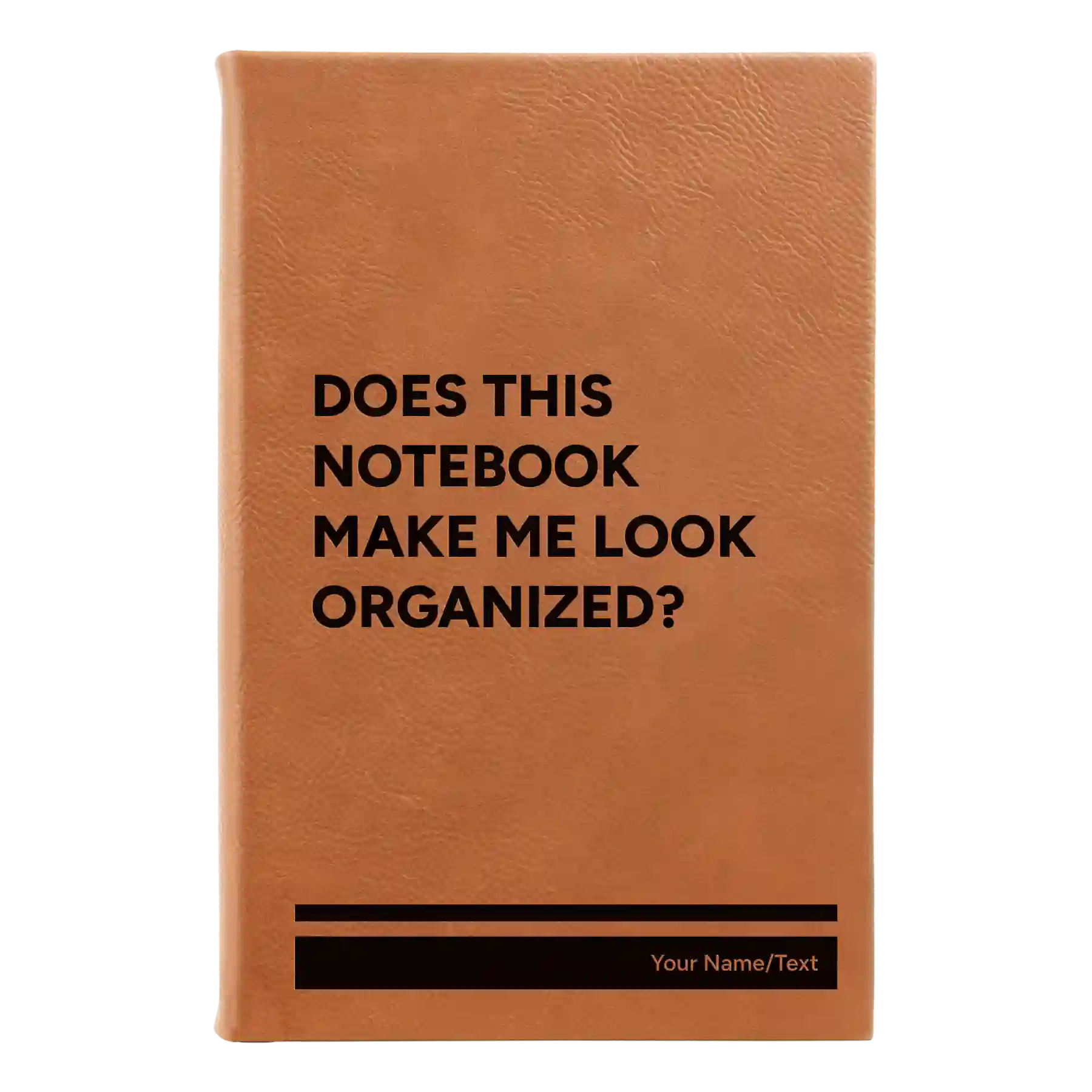 Small rawhide leatherette sketch book laser etched with 'Look Organized' design