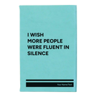 Small teal leatherette sketch book laser etched with 'Fluent in Silence' design