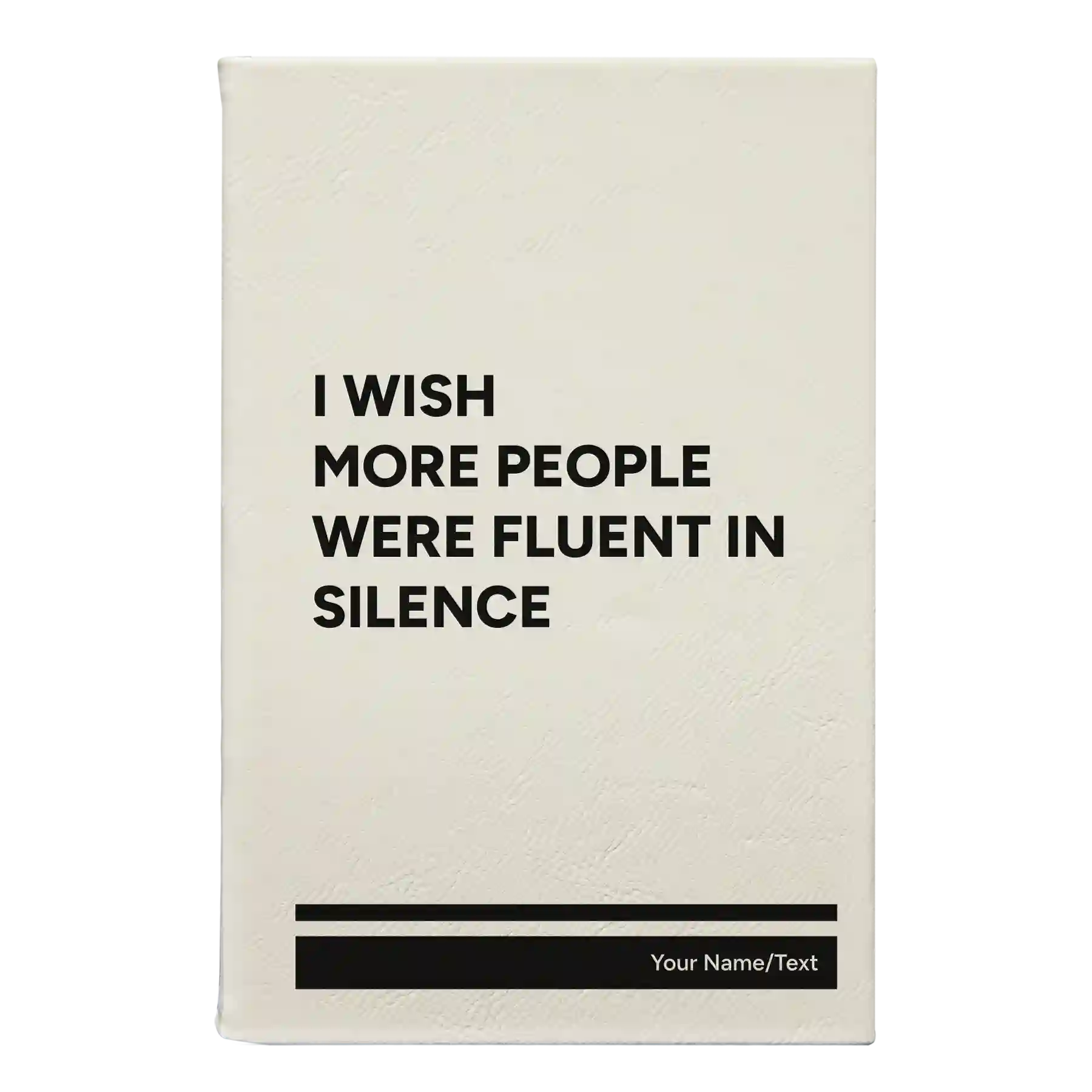 Small white leatherette journal laser etched with 'Fluent in Silence' design