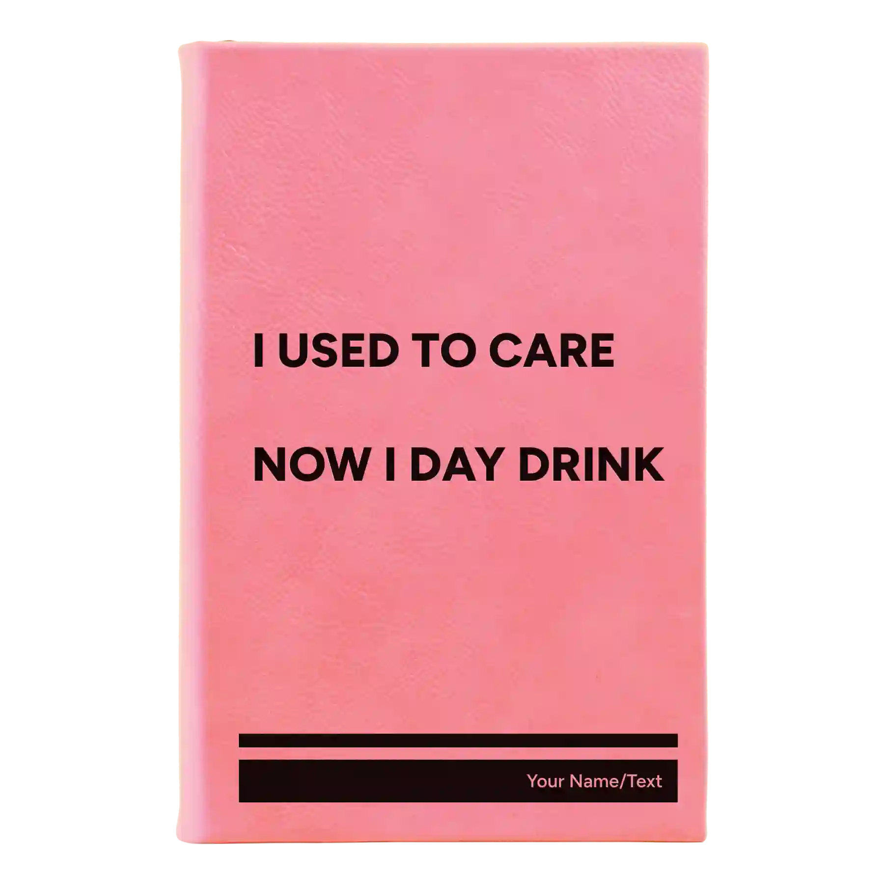 Small pink leatherette journal laser etched with 'Day Drink' design