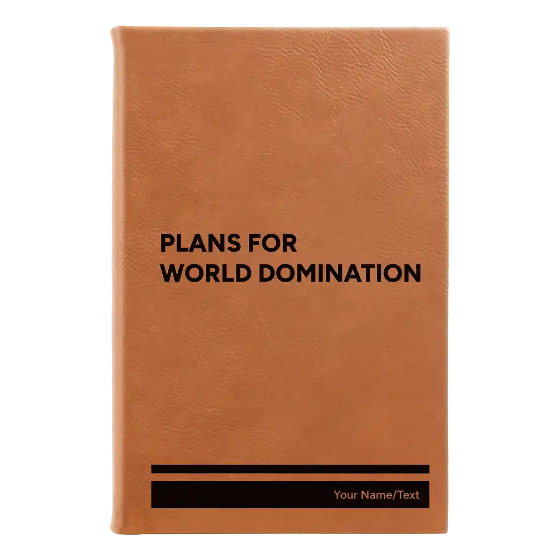 Small rawhide leatherette journal laser etched with 'World Domination' design