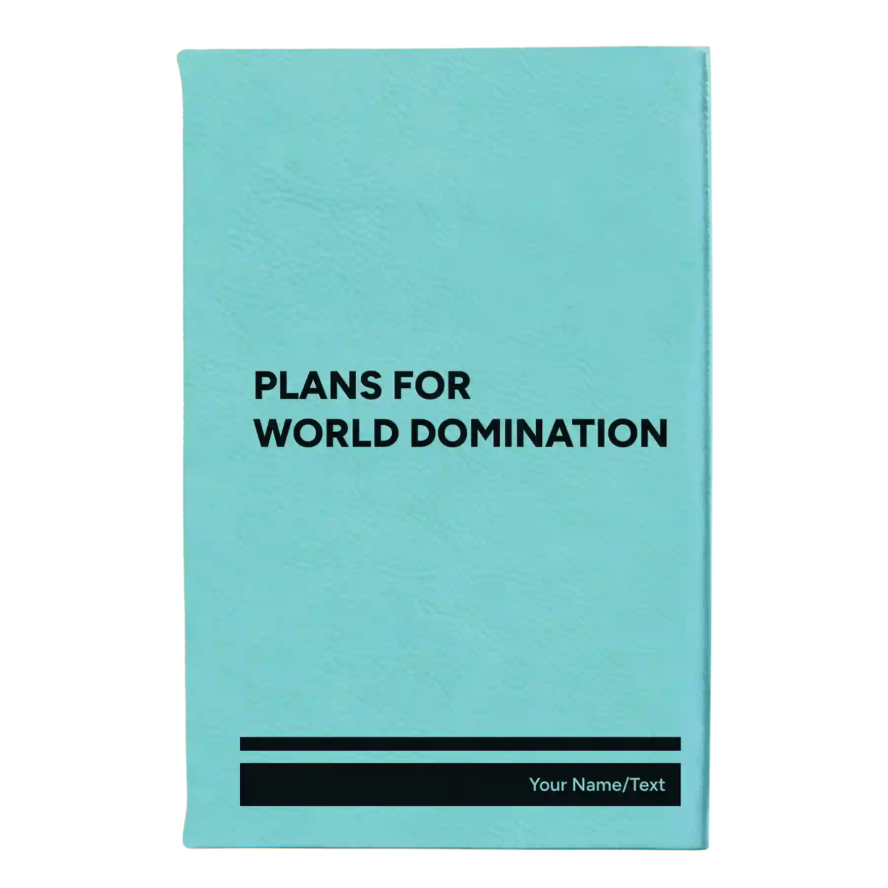 Small teal leatherette sketch book laser etched with 'World Domination' design