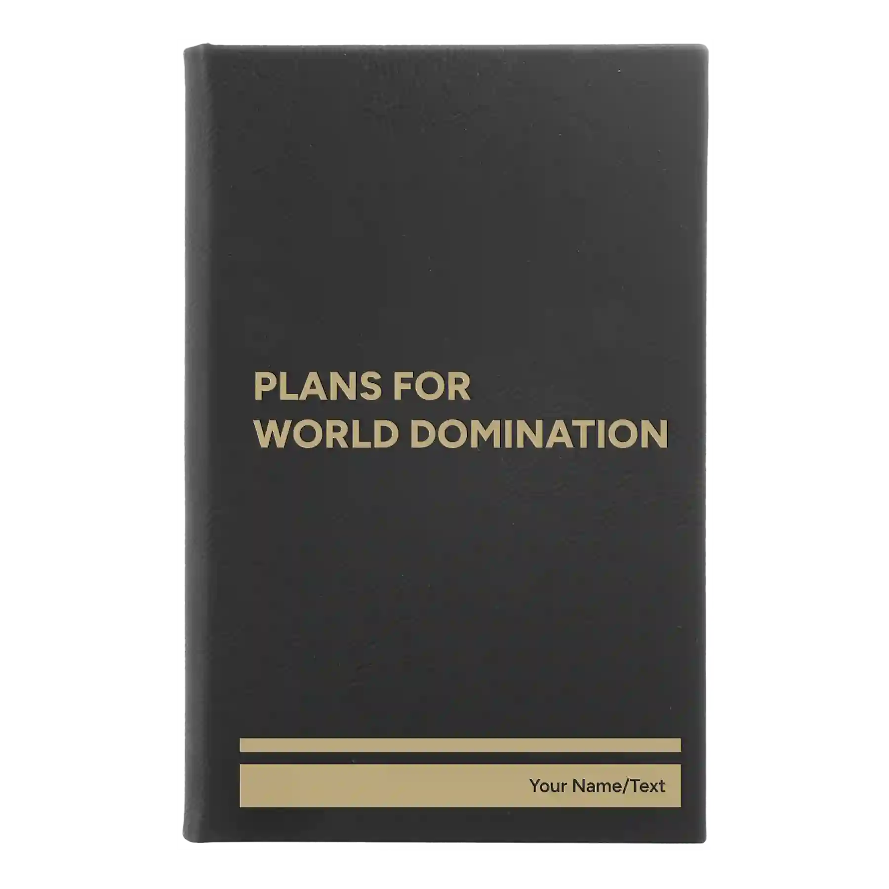 Small black/gold leatherette sketch book laser etched with 'World Domination' design