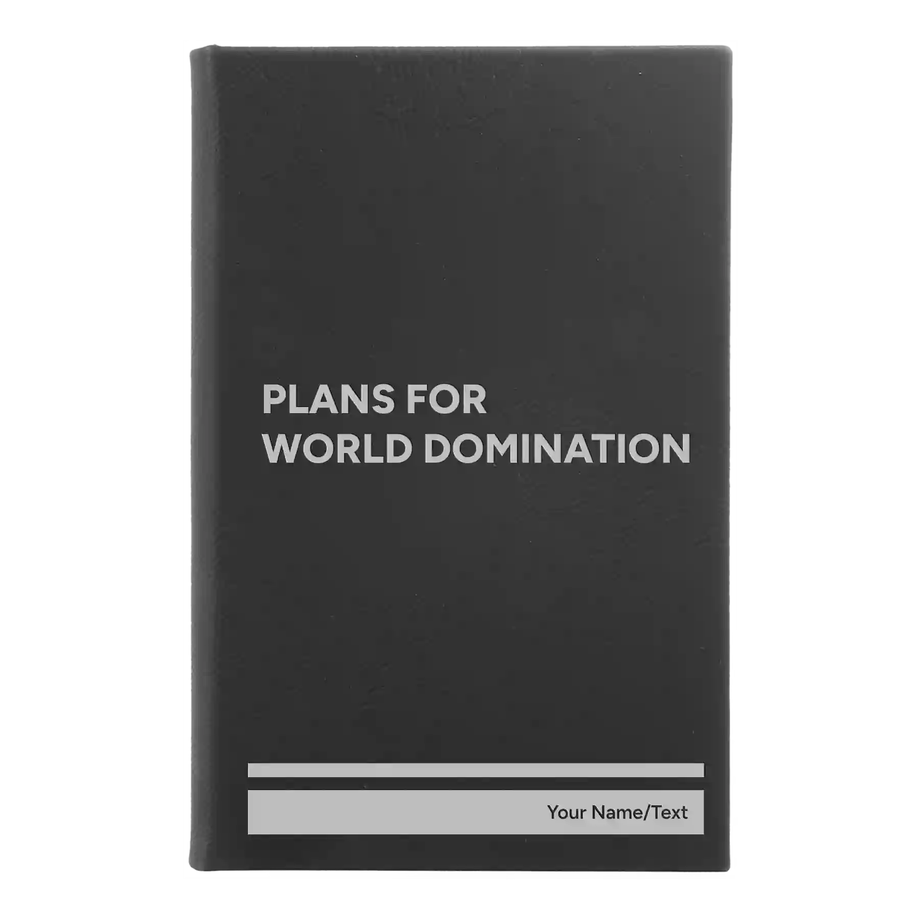 Small black/silver leatherette sketch book laser etched with 'World Domination' design
