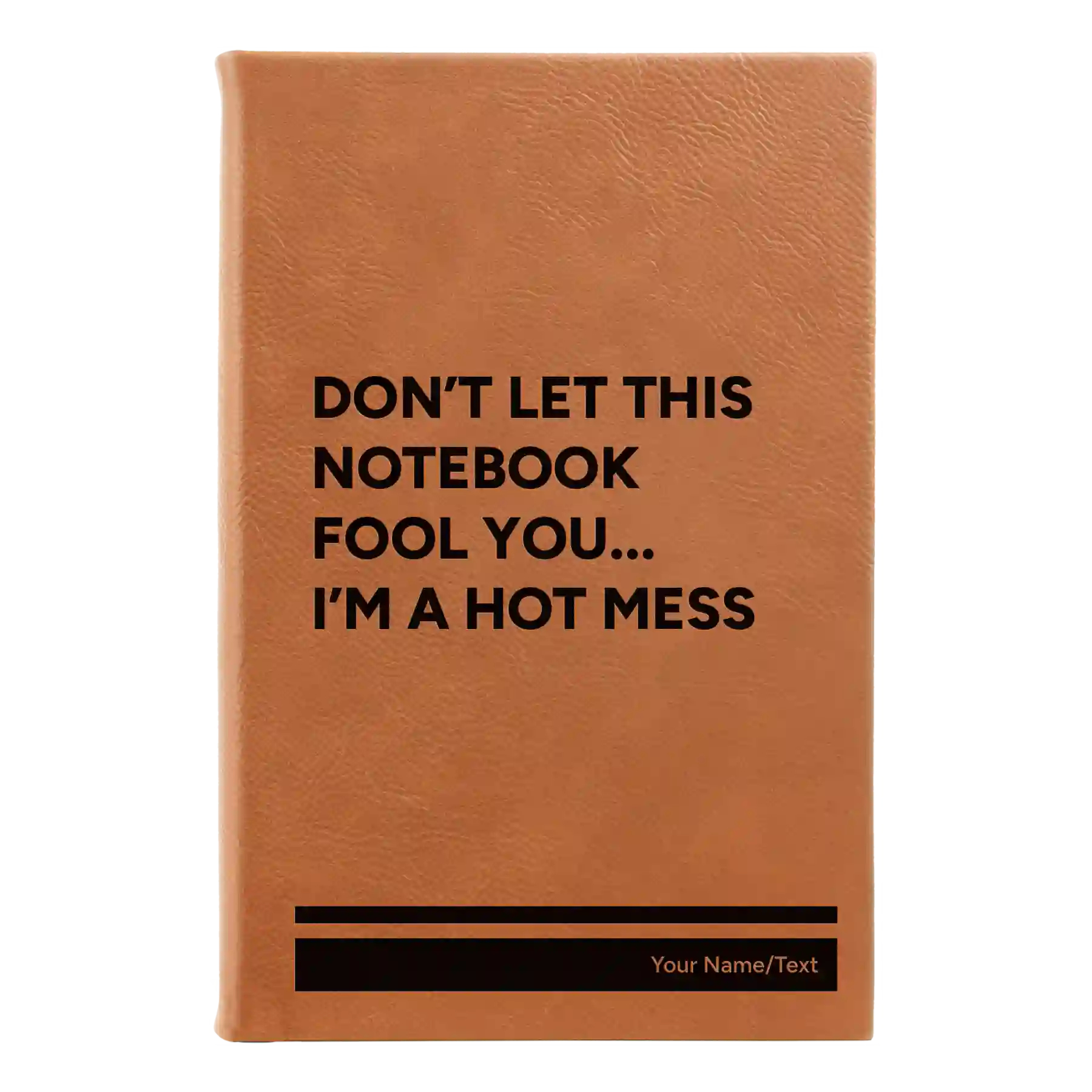 Small rawhide leatherette sketch book laser etched with 'Hot Mess' design