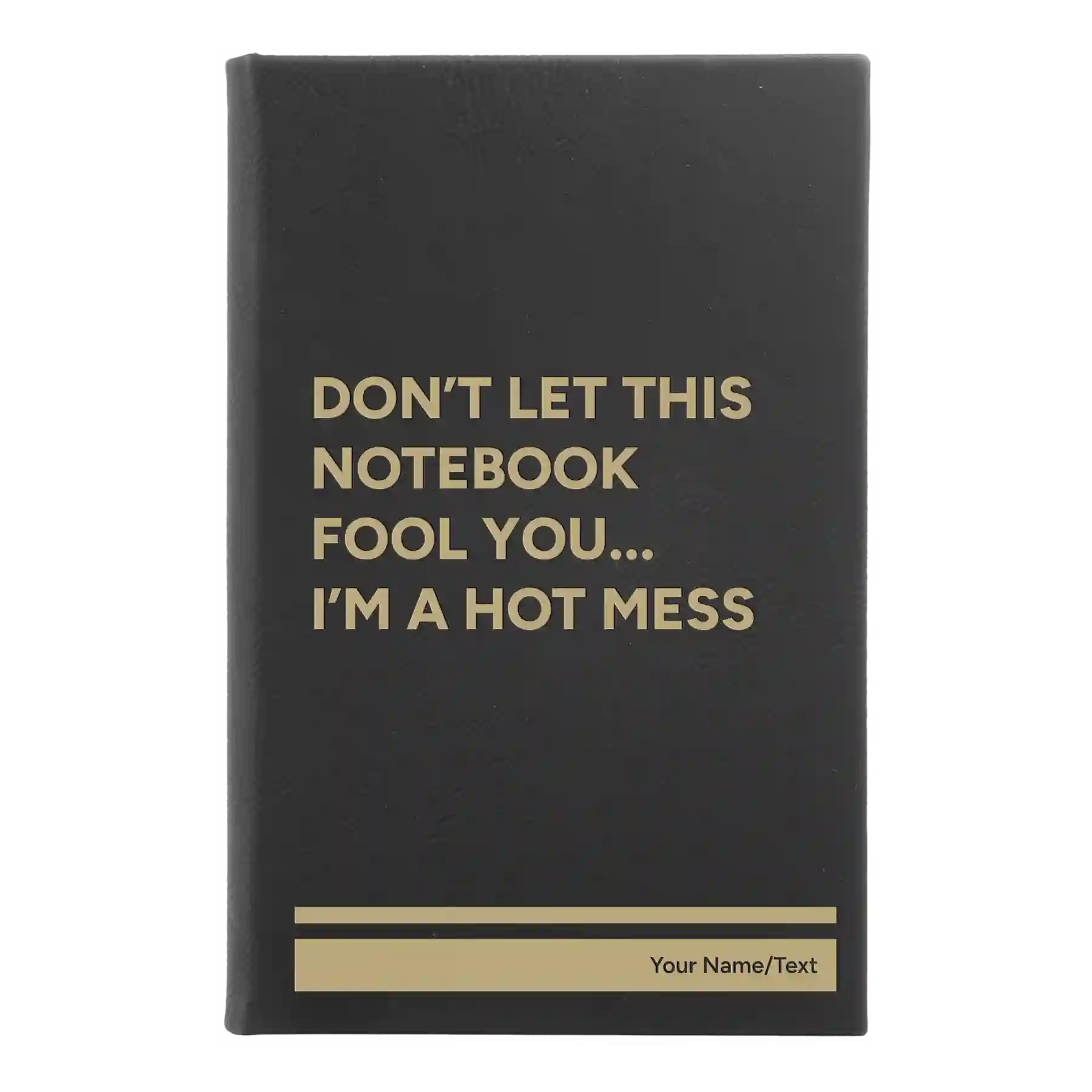 Small black/gold leatherette journal laser etched with 'Hot Mess' design