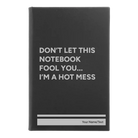 Small black/silver leatherette sketch book laser etched with 'Hot Mess' design
