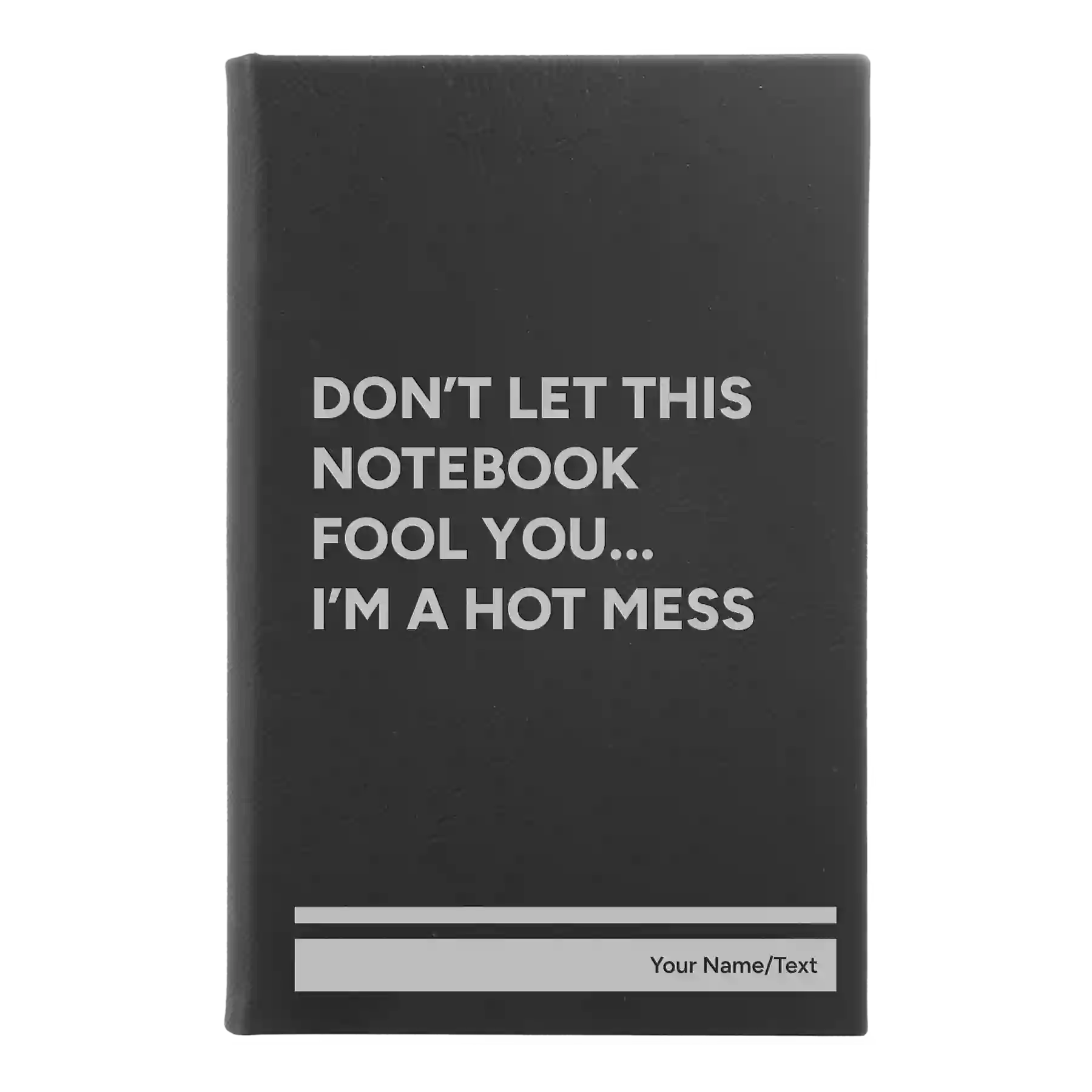 Small black/silver leatherette sketch book laser etched with 'Hot Mess' design