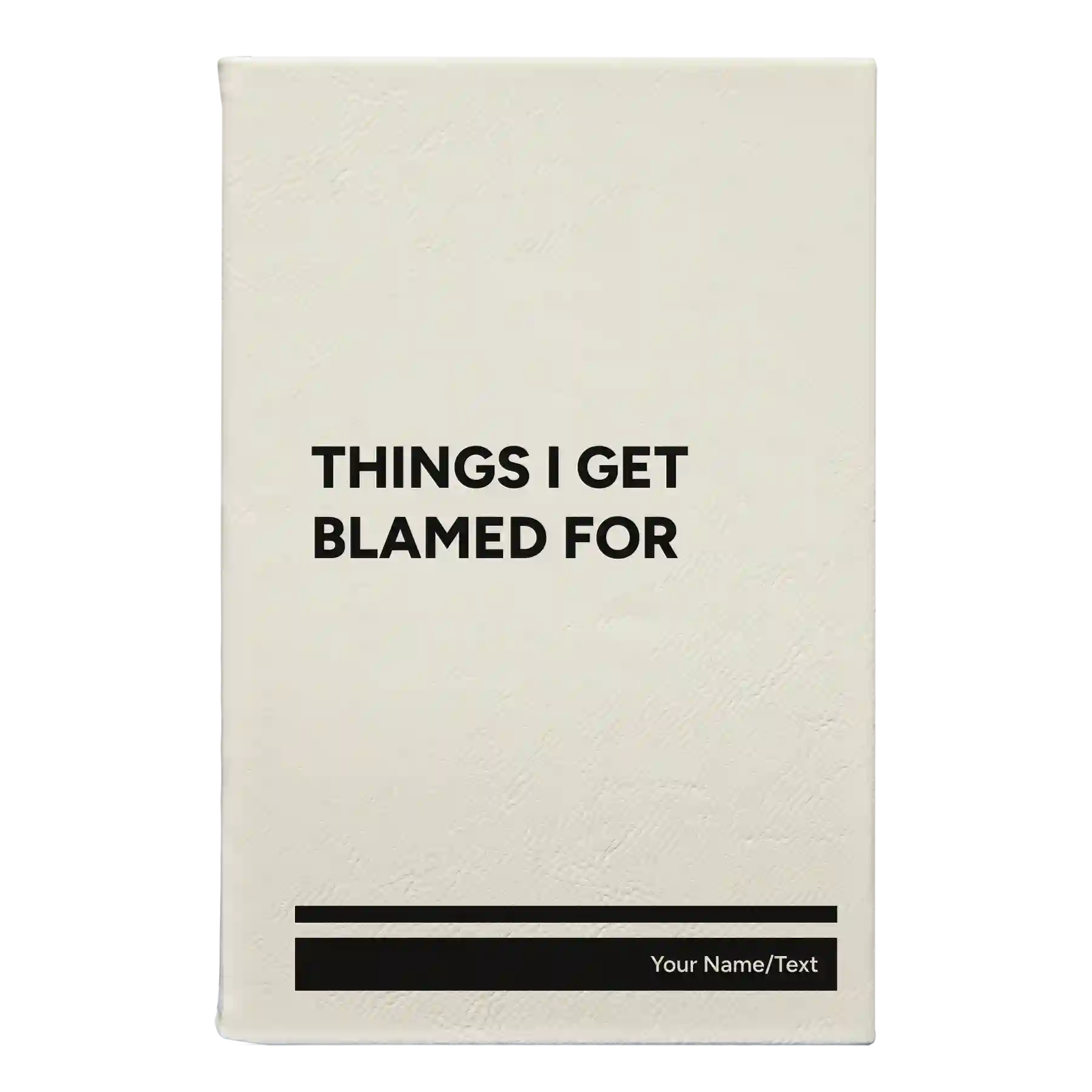 Small white leatherette sketch book laser etched with 'Things I Get Blamed For' design