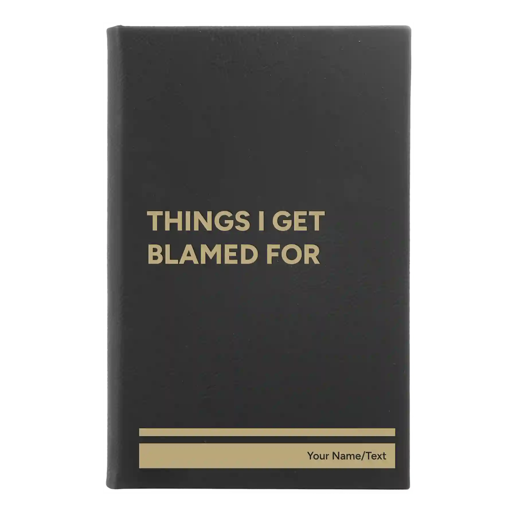 Small black/gold leatherette sketch book laser etched with 'Things I Get Blamed For' design